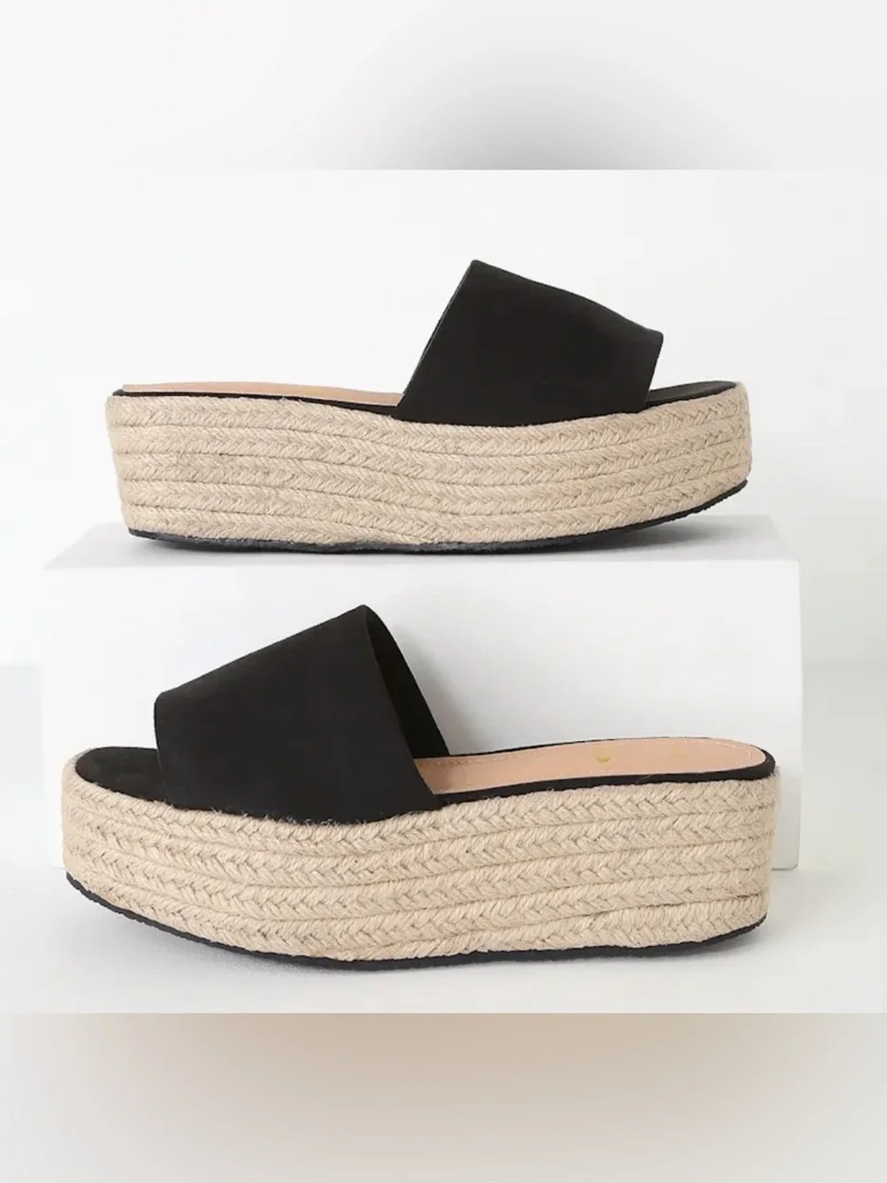 Lulu's Black Platform Espadrille Slide with Braided Sole